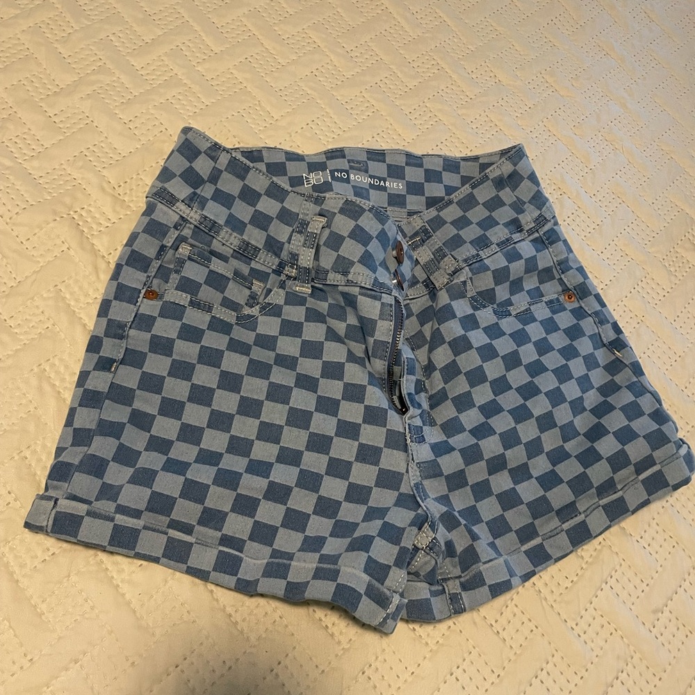 No Boundaries Blue Checkered Jean Shorts
